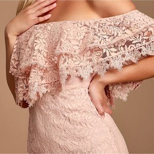 Jaclyn Blush Pink Lace Off-the-Shoulder Midi Dress